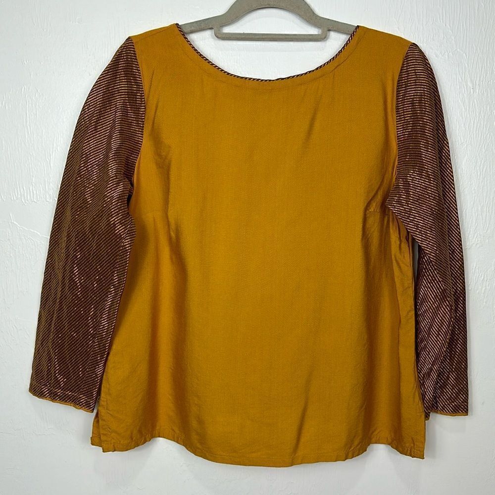 Fabindia Mustard Color Organza Sleeve Tie Neck Top Size L